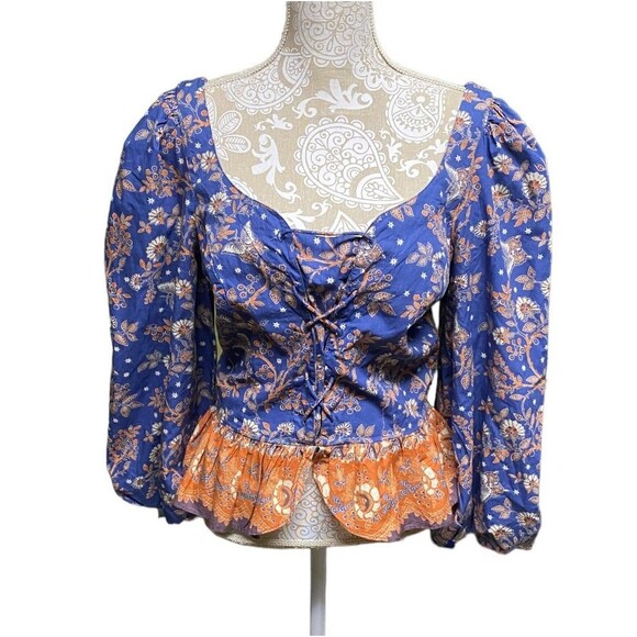 House of Harlow 1960 Medium M Peplum Balloon Sleeve Lace Up Bohemian Blouse - Picture 3 of 10